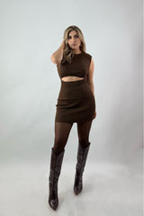 Vestido Corto Abertura Abdomen Cafe