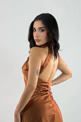 Vestido Halter Satinado Bronce