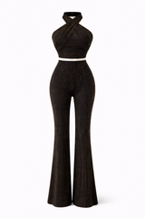 Set Croptop Halter y Pantalón Con Destello Dorado Y Plata