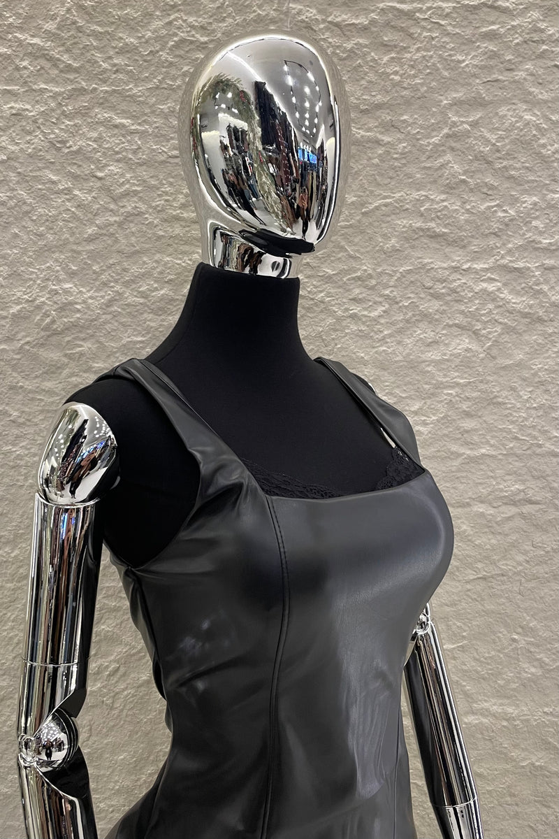 Vestido Midi Vinipiel con Encaje Negro