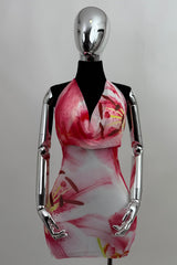 Vestido Corto Mesh Estampado Floreado Rosa