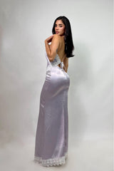 Vestido Halter Satinado Encaje Lavanda
