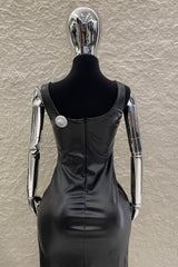 Vestido Midi Vinipiel con Encaje Negro