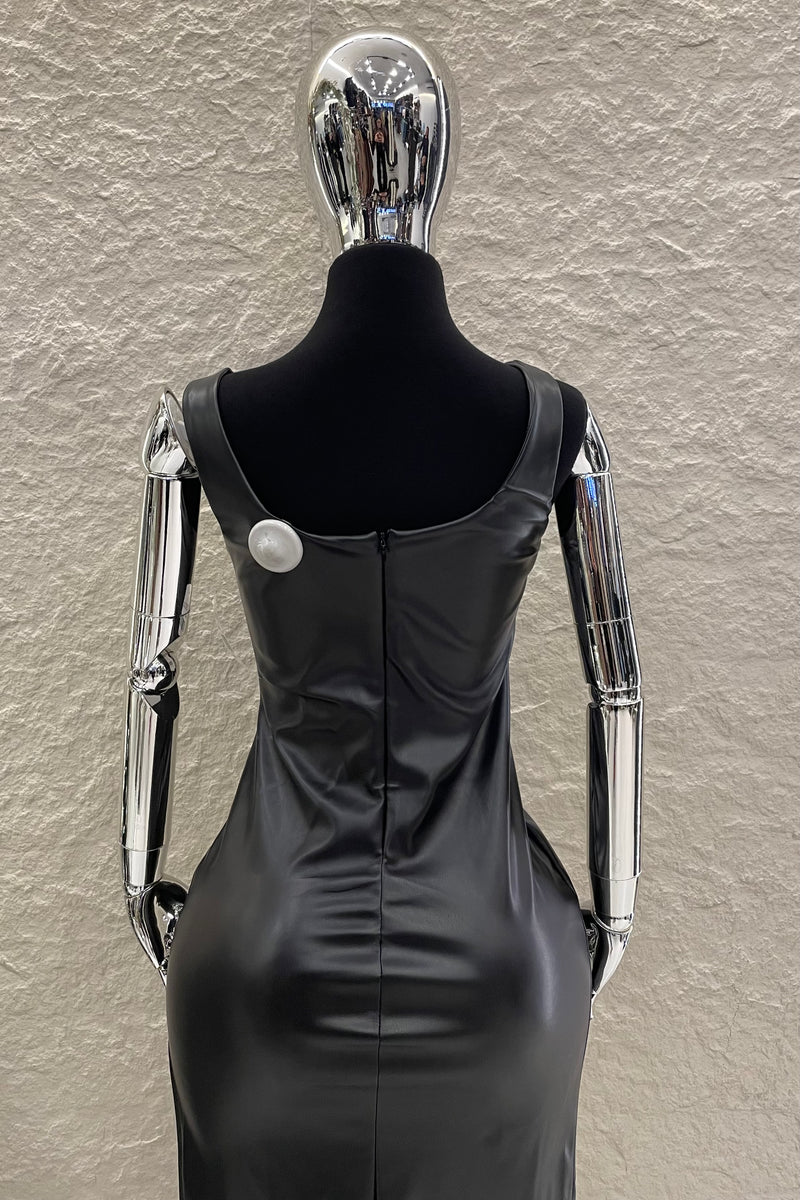 Vestido Midi Vinipiel con Encaje Negro