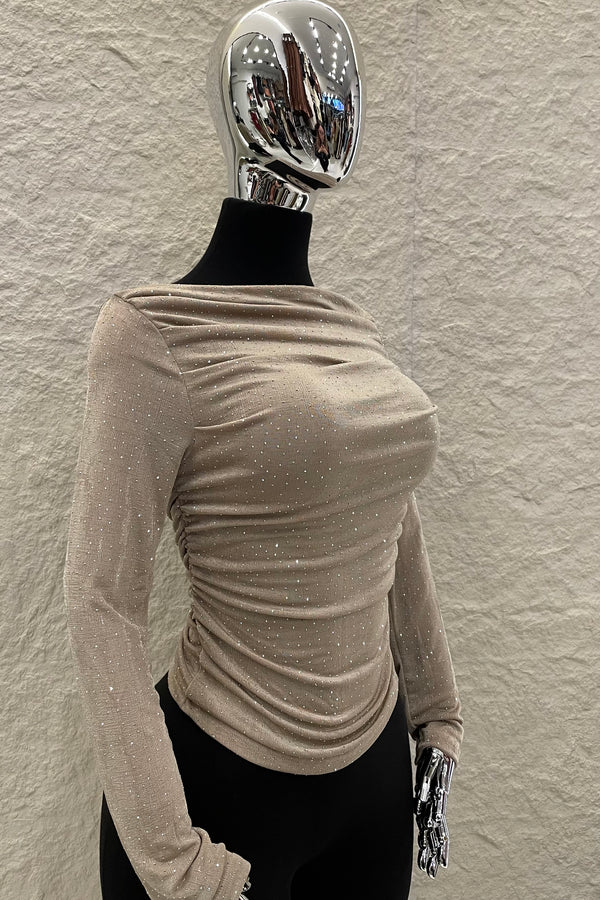 Blusa Rhinestone Ruched Beige