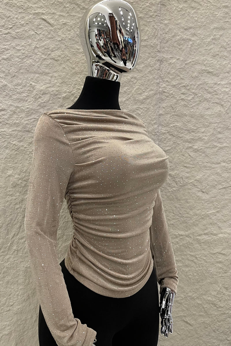 Blusa Rhinestone Ruched Beige