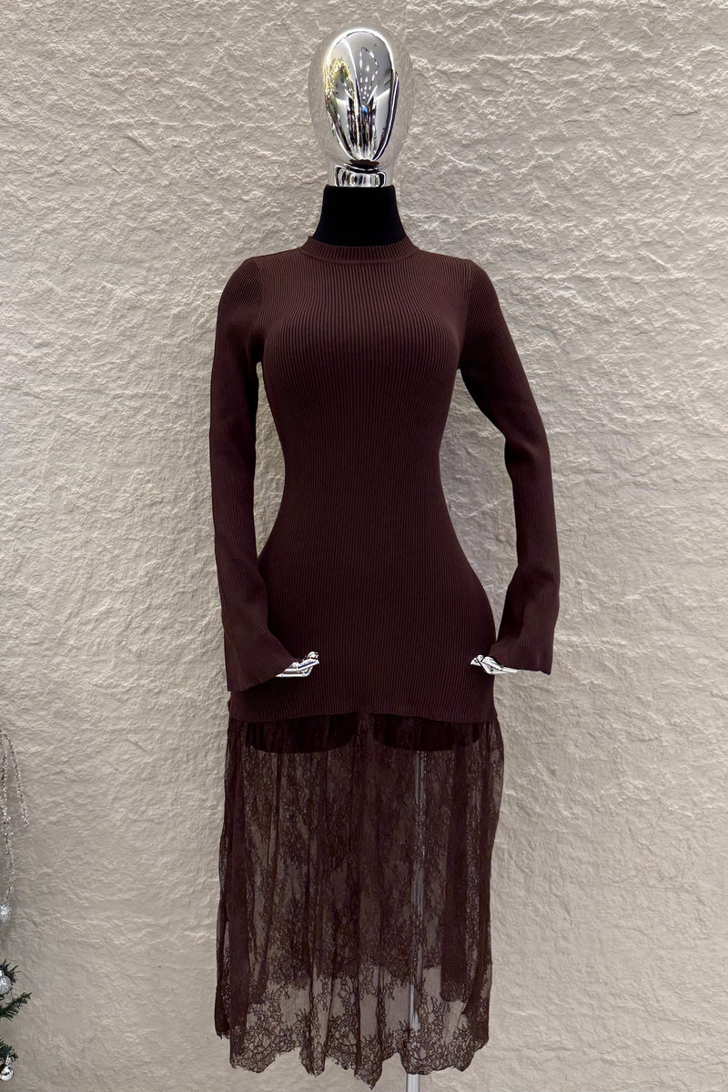 Vestido Tela Punto con Encaje Cafe