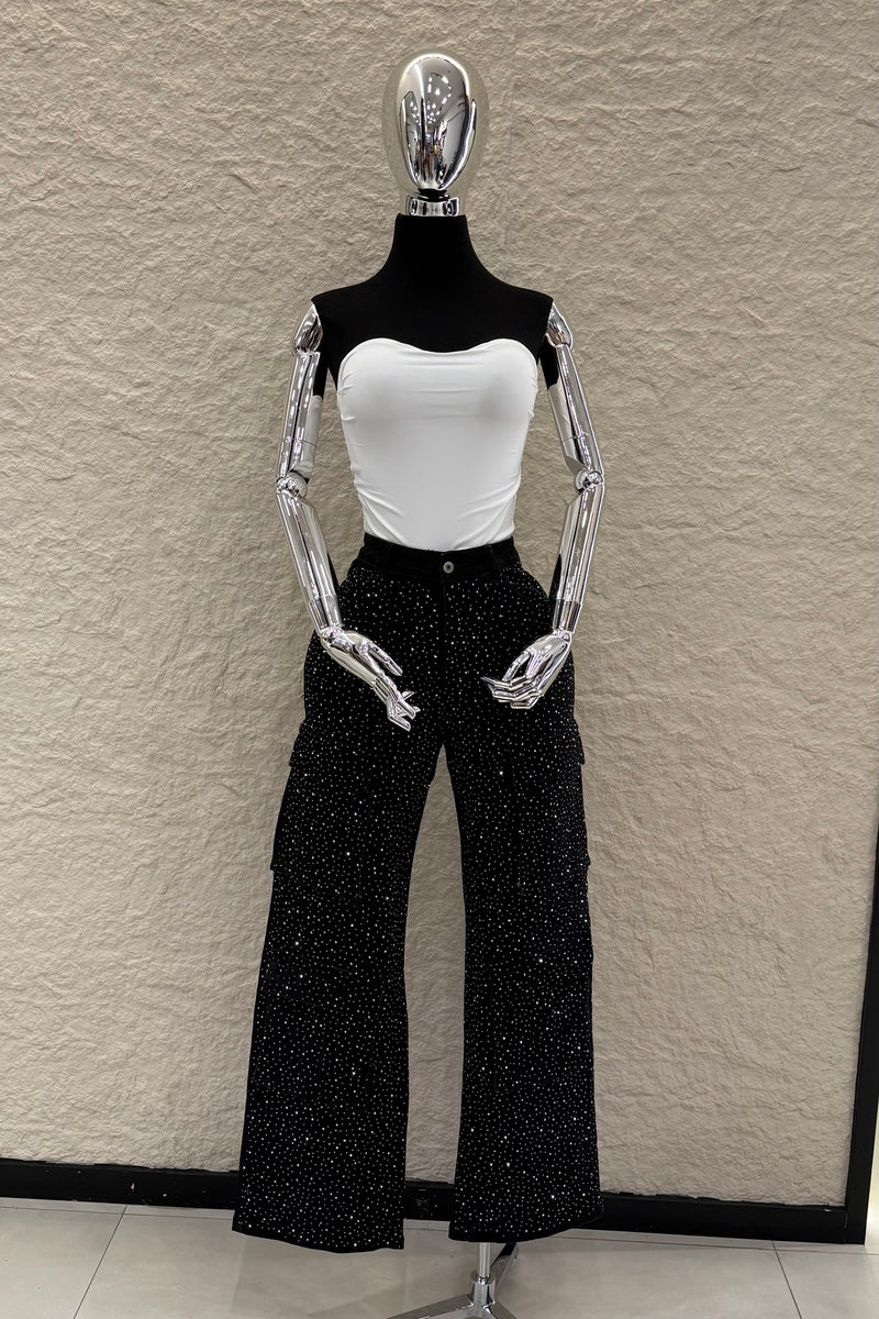 Pantalon Cargo Rhinestone Negro