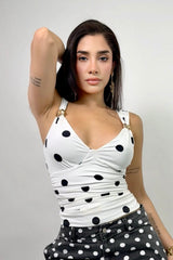 Blusa Apps Doradas Polka Blanca