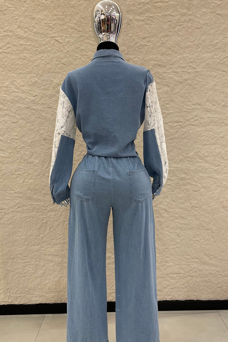 Pantalon Denim Con Encaje Blanco