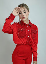 Camisa Satinada Con Pedreria Rojo lo