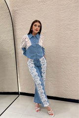 Camisa Denim Con Encaje Blanco