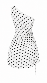 Vestido One Shoulder Plisado Polka Beige
