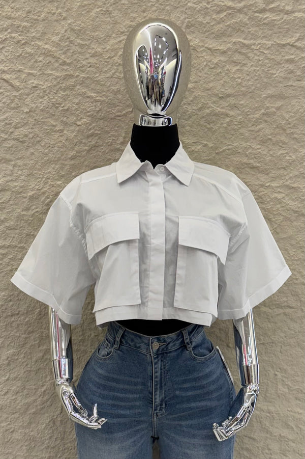 Camisa Corta App de Bolsas Blanca