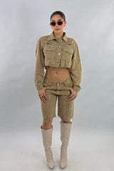 Short Biker Rhinestone Kakhi