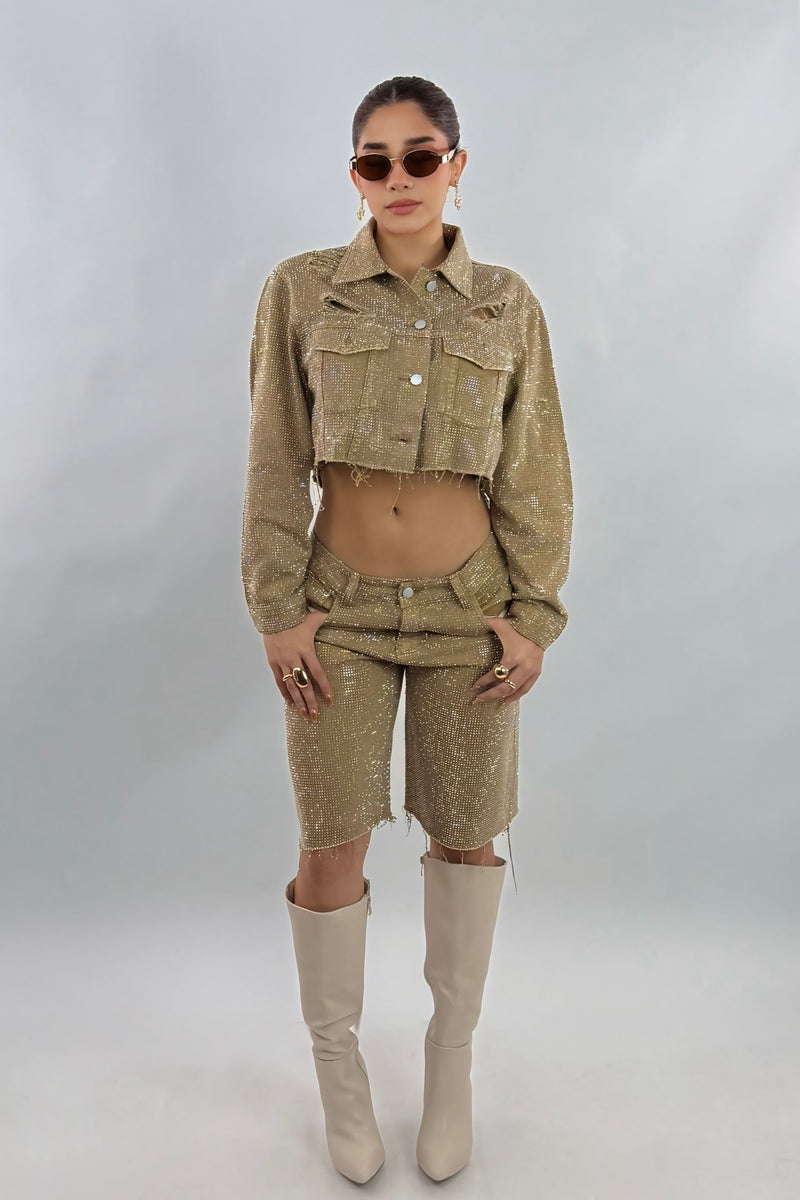 Short Biker Rhinestone Kakhi