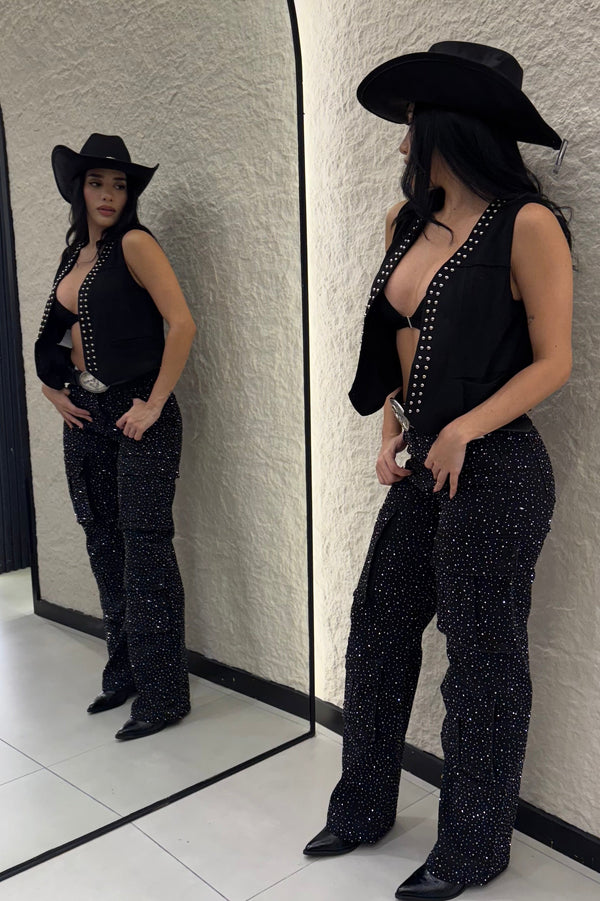 Pantalon Cargo Rhinestone Negro