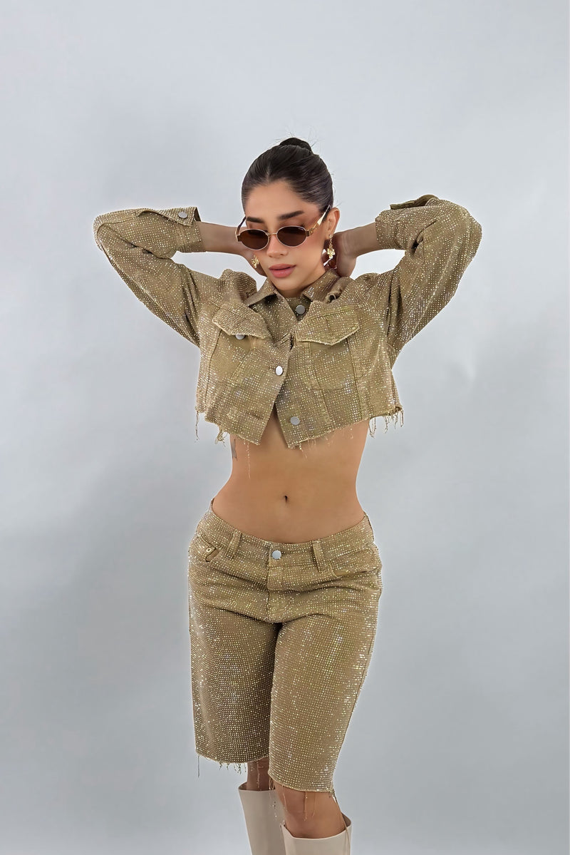 Short Biker Rhinestone Kakhi