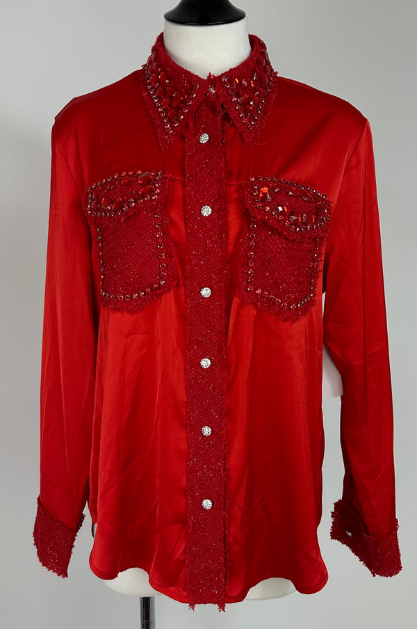 Camisa Satinada Con Pedreria Rojo lo