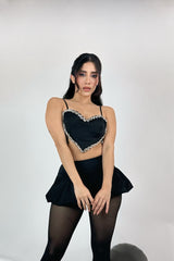 Croptop de Corazon Con App de Pedreria Negro