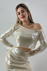 Top One Shoulder Lentejuela Beige