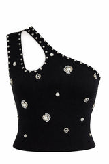Blusa de Un Hombro con Pedreria Negro