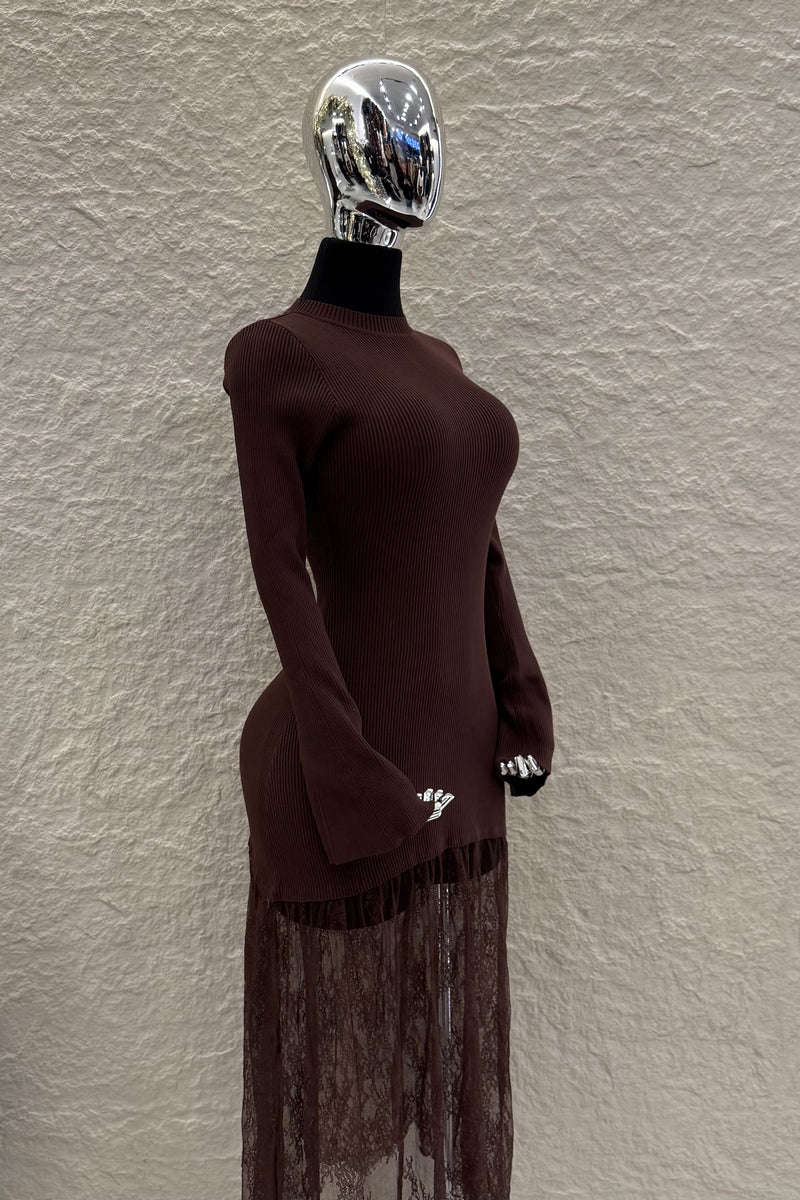 Vestido Tela Punto con Encaje Cafe