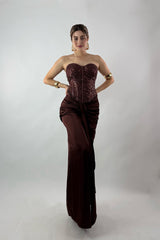 Vestido Brillos Corset largo Cafe