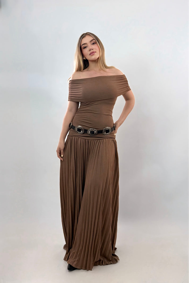 Vestido Off Shoulder Largo Cafe