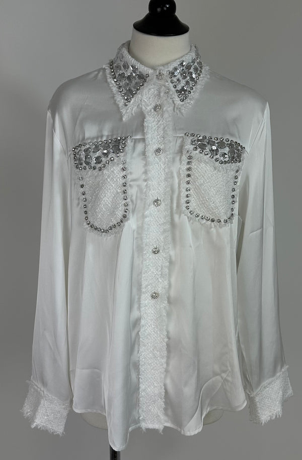 Camisa Satinada Con Pedreria Blanco