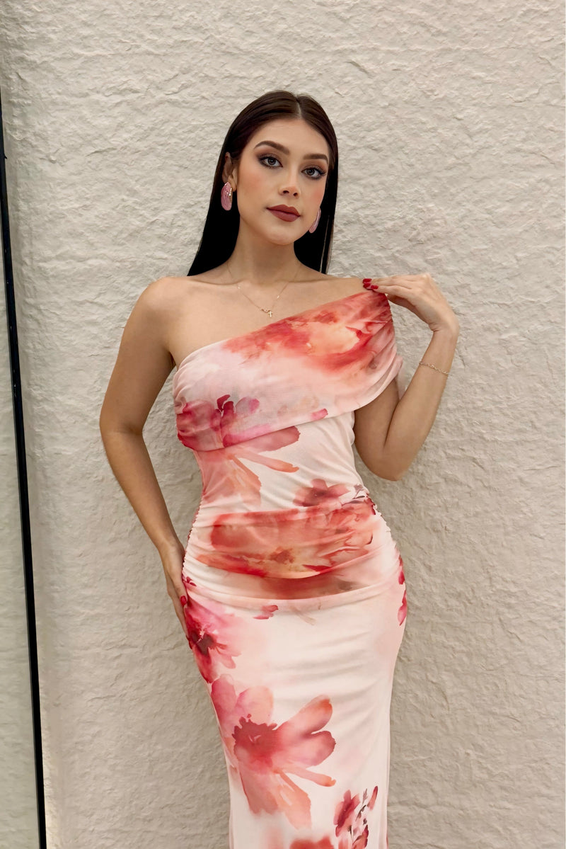 Vestido Largo Floreado Rosa