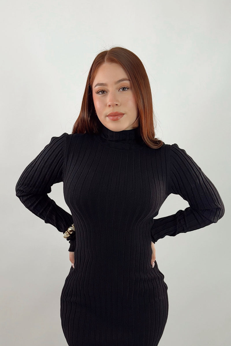 Vestido Midi Tela Punto Manga Larga Negro