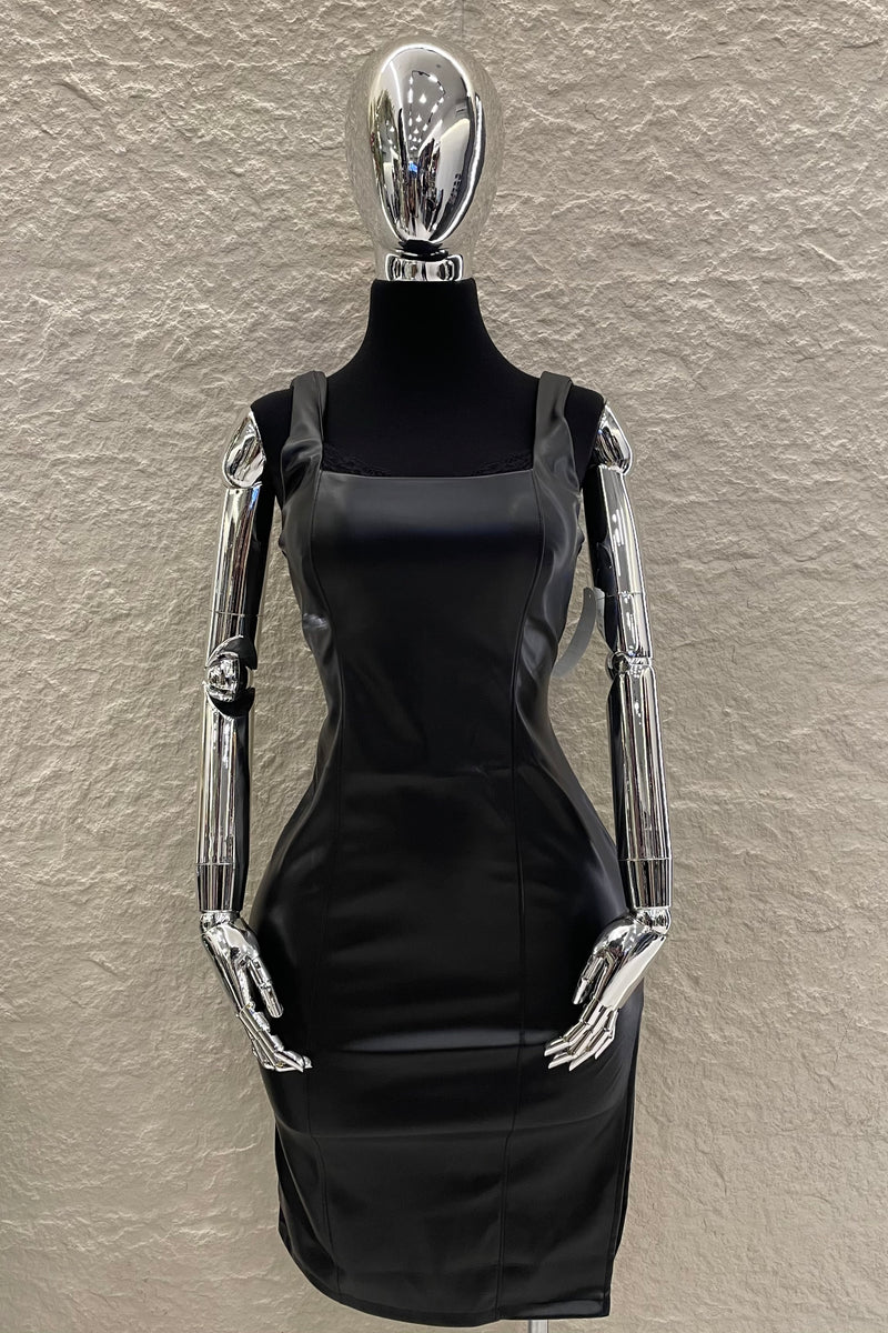 Vestido Midi Vinipiel con Encaje Negro