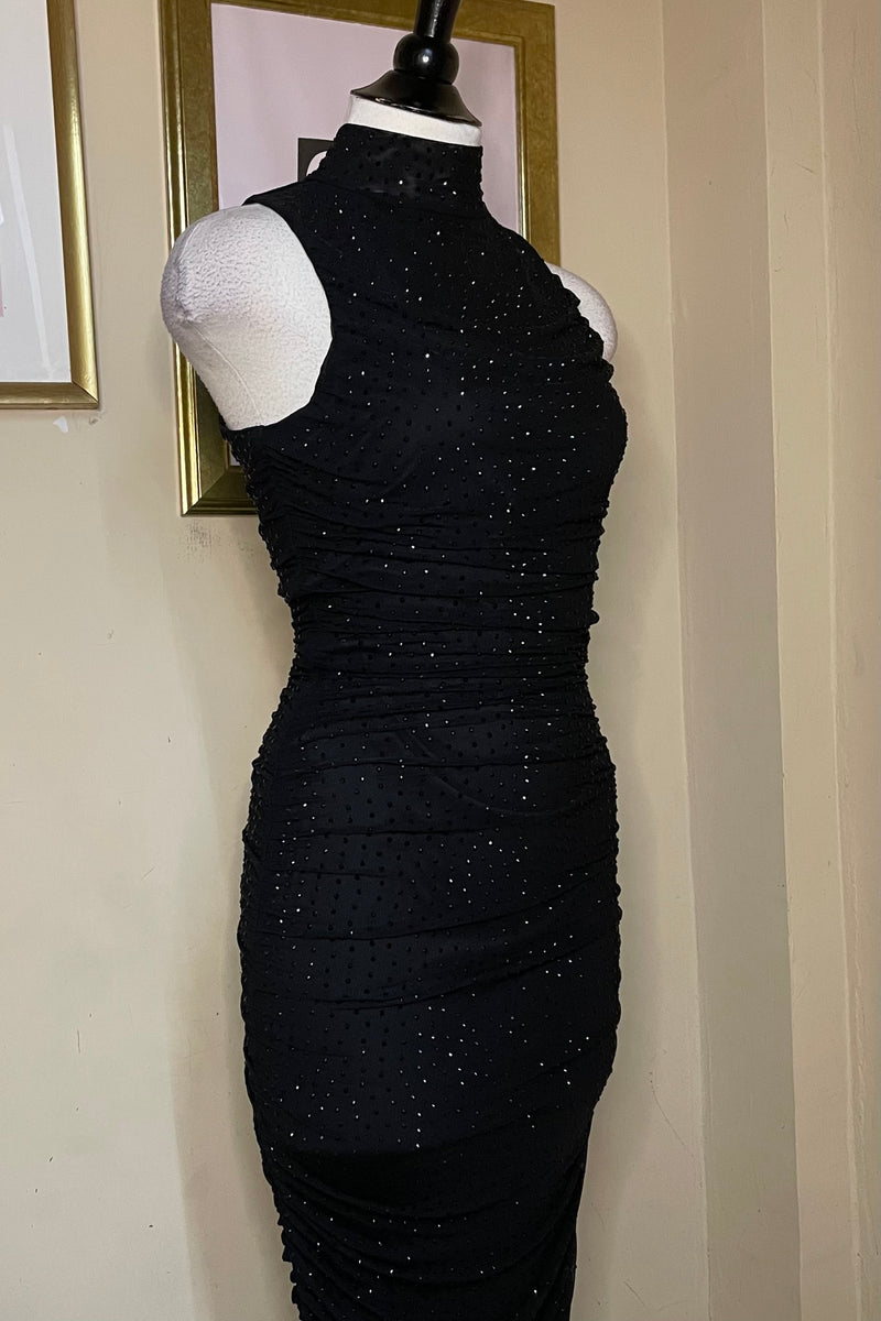 Vestido Midi Ruched Rhinestone Negro