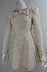 Vestido Tweed Beige Con Perlas