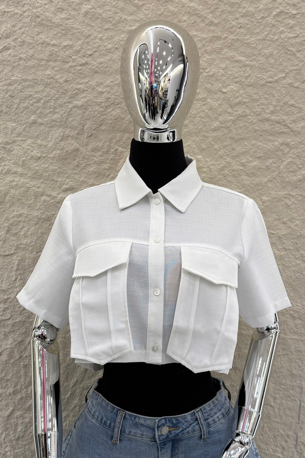 Camisa Manga Corta App de Bolsas Blanca