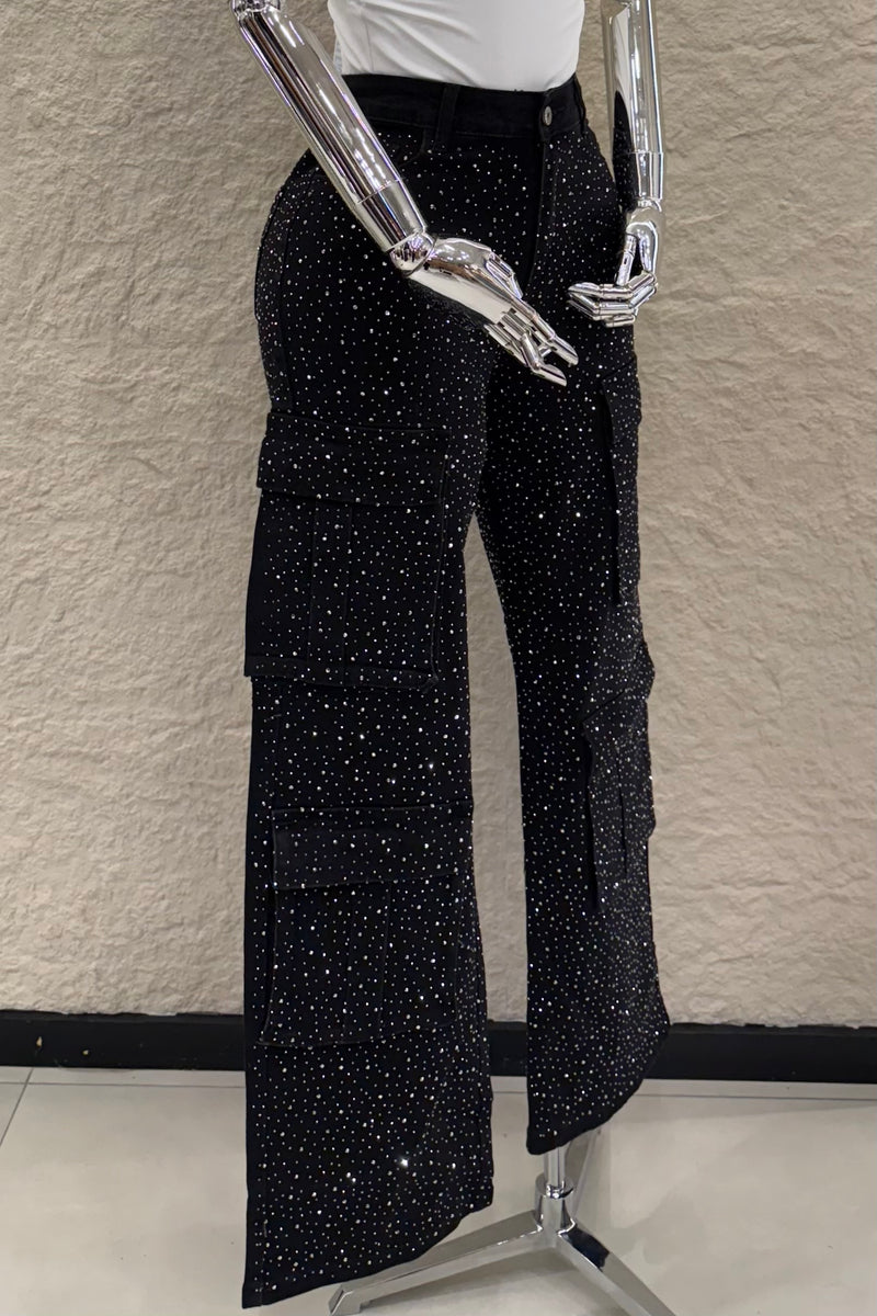 Pantalon Cargo Rhinestone Negro
