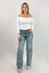 Top Off Shoulder Manga Larga Blanco