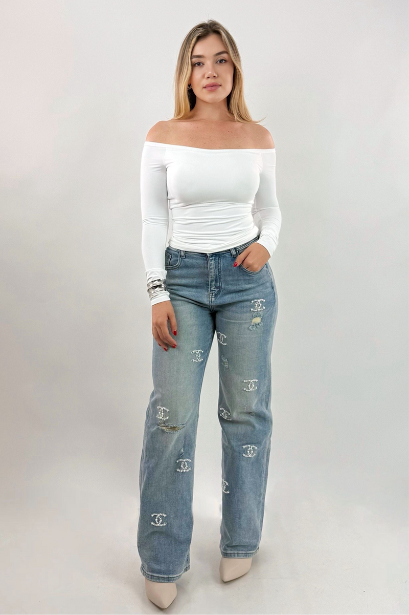 Top Off Shoulder Manga Larga Blanco