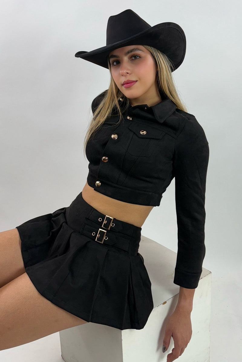 Falda Corta App de Bolsas Velvet Negro