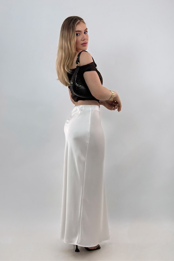 Falda Midi Satinada Blanco