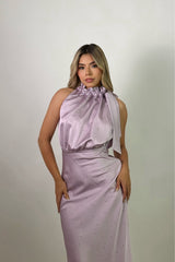 Vestido Cuello Ruffle Rosa
