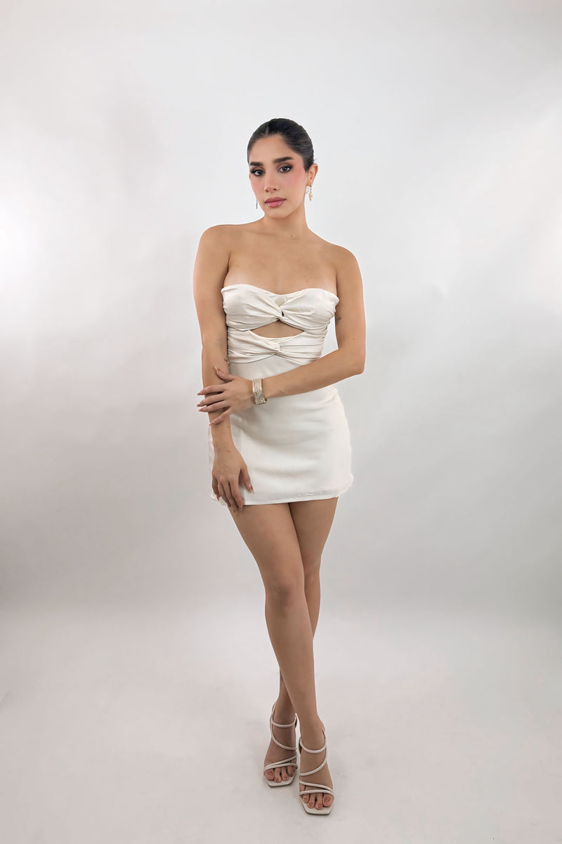 Vestido Strapless Satinado Beige