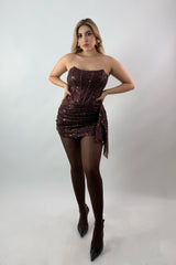 Vestido Brillos Corset Cafe