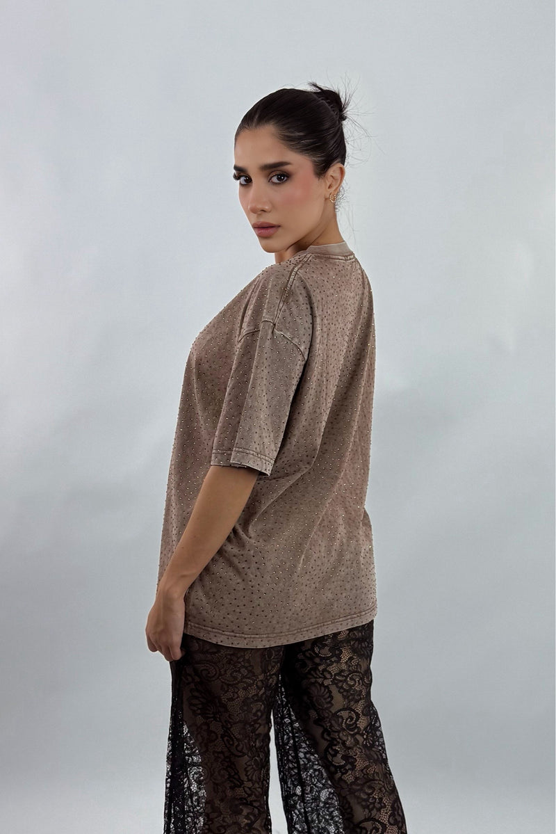 Playera Oversize Rhinestone Cafe