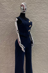 Set Top Apps Doradas y Pantalon Sastre Azul