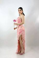 Vestido Largo Olanes Floreado Rosa