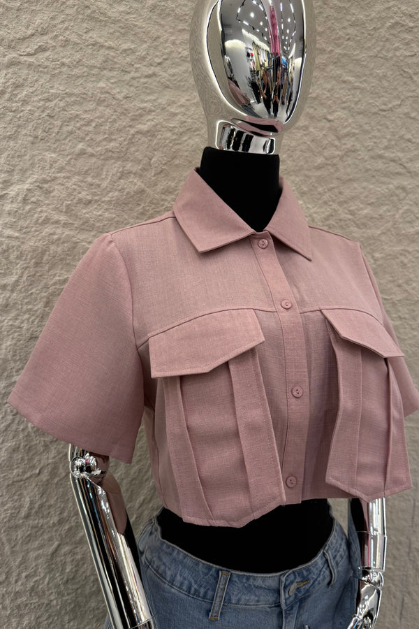 Camisa Manga Corta App de Bolsas Rosa