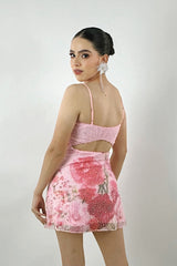 Vestido Perlitas Corto Print Flores Rosa