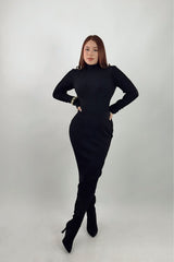 Vestido Midi Tela Punto Manga Larga Negro